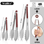 Walfos Stainless Steel Kitchen Tongs - 7, 9 & 12 Inch Heavy Duty Locking Metal Tongs for Cooking, BBQ Grilling, Set of 3 Non-Slip Grip (Wine Red)
