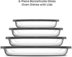 JoyJolt 8-Piece Borosilicate Glass Oven Dishes with Black Lids, Rectangle Deep Glass Baking Dish Set, Baking Pans for Lasagna Casserole Cake, Bakeware Set, Freezer to Oven Tray to Dishwasher