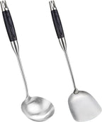 FJNATINH Wok Spatula and Ladle, Heat-Resistant Wok Tools with Wooden Handle Stainless Steel Wok Spatulas Cooking Utensils Set Wok Accessories,2 PCS