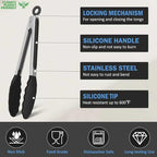 Kitchen Tongs, Stainless Steel Silicone Tongs for Cooking 600ºF High Heat-Resistant BBQ Grilling Locking Tongs, Set of 2-9" and 12" Black