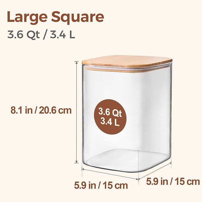 ComSaf 3.6Qt Glass Food Storage Containers, Cereal Storage Containers with Airtight Lids, Large Square Glass Jars with Bamboo Lids, for Rice, Pasta, Oats, Grains, Coffee Beans