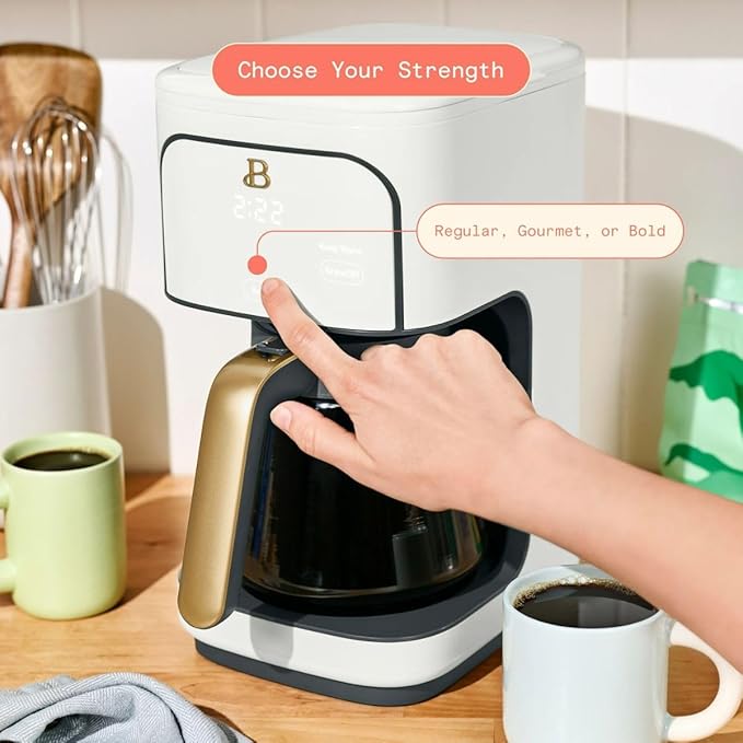 Beautiful 12-Cup Programmable Coffee Maker by Drew Barrymore, Touch-Activated Display, Auto Brew 24hr Timer, Regular/Gourmet/Bold Strength Options, Keep Warm & Auto Clean – Matte Finish (White Icing)