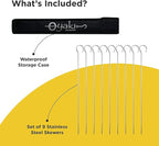 O-Yaki Flat Metal Kabob Skewer for Grilling – Set of 8 BBQ Skewers Stainless Steel with Storage Bag, Dishwasher Safe Skewers with Hook Handle & Sharp Tip for BBQ, Cookouts & Oven Use – 10 Inch