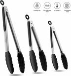 600ºF Heat Resistant Kitchen Tongs, Premium Locking Cooking Tongs with Silicone Tips, Non-Slip Food Tongs for Cooking, Non-Stick, Heavy Duty Stainless Steel Handle, Set of 3-7" 9" and 12" Black