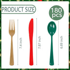 WDF 180 Pieces Plastic Christmas Silverware - Disposable Cutlery Set Incluede 60 Gold Forks, 60 Red Knives and 60 Green Spoons - Heavy Duty Plastic Flatware - Disposable Utensils for Christmas
