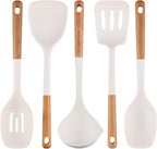 Silicone Cooking Utensils Set 5 Pcs Large Non-Stick Kitchen Utensils Set, Wooden Handle Heat Resistance Turner Soup Ladle Spoon Silicone Cooking Kitchen Gadgets BPA Free for Nonstick Cookware