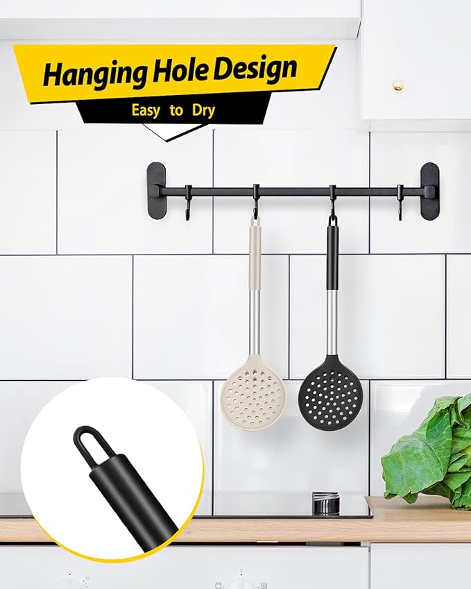 Kitchen Ladle Strainer Set of 2 Large Slotted Spoon with High Heat Resistant BPA Free Non Stick Cooking Skimmers For Draining and Frying (Black-Khaki)