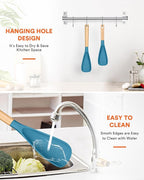 Multifunction Spatula Spoon for Nonstick Cookwares, Great for Cooking and Serving, Sturdy BPA-Free Matte Silicone, Wood Handle Spatula for Mixing, Scoop, and Scrape, Turquoise(2 pack,11.4" & 13.4")