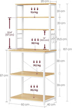 VASAGLE Coffee Bar, Baker’s Rack for Kitchen with Storage, 6-Tier Kitchen Shelves with 6 Hooks, Microwave Stand, Industrial, 15.7 x 23.6 x 65.7 Inches, Oak Color and White UKKS024W09