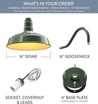 Steel Lighting Co. Gardena Barn Light | Outdoor Wall Mounted | 16" Dome | 16" Gooseneck | Farmhouse Light Made in America | Hunter Green Exterior/Brass Interior