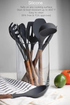 Country Kitchen Non Stick Silicone Utensil Set with Rounded Wood Handles for Cooking and Baking, 8 Piece Set, Black