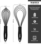 Walfos Whisk 11inch Flat Whisks and 10inch Balloon Whisk Combo,Silicone whisks for cooking,Non Scratch Coated Wisk,Suitable for Ceramic Coated pans and Wider shallower pots.(2pcs black)