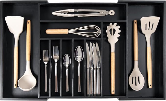 KitchenEdge Premium Silverware, Flatware and Utensil Organizer for Kitchen Drawers, Food-Safe Contract Grade, Expandable from 16 to 28 In, Black Bamboo