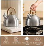 18/8 Stainless Steel Tea Kettle for Stovetop (2L / 2.1 Quart Whistling Tea Pot, Wood Handle)-Silver