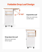 VEVOR Kitchen Island Cart, with Solid Wood Top and Storage Cabinet, Mobile Rolling Table with Drop Leaf, Drawers, Spice Towel Rack, Portable Islands on Swivel Wheels for Dining Room, 52in Width, White