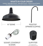 Steel Lighting Co. Gardena Barn Light | Outdoor Pole Top Mounted | 16" Dome | Upslope Gooseneck with Slip Fitter for 2-3/8" Standard Poles | Made in America | Matte Black Exterior/Matte Black Interior
