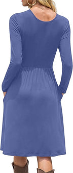 DB MOON Women Casual Long Sleeve Dresses Empire Waist Knee Length Loose Dress with Pockets