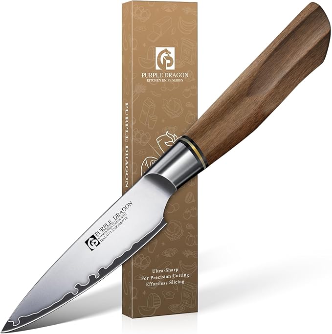 Purple Dragon 3.5 Inch Paring Knife, Small Kitchen Cutting Fruit Knife, German Vg10 Steel Ultra Sharp Blade Ergonomic Wooden Handle, Gift Box