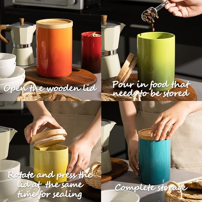 Sweejar Ceramic Food Storage Jar, Stackable Kitchen Canisters, Containers with Airtight Seal Wooden Lid for Serving Ground Coffee, Tea, Sugar, Salt and More - 28 Fl Oz (Gradient Green)