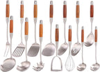 18/10 Stainless Steel Kitchen Utensils Set with Wooden Handle - 14 PCS Metal Cooking Tools & Serving Utensil, Large and Small Spoons Set - Whisk, Masher, Fork, Spatula, Turner, Ladle, Skimmer, Pasta