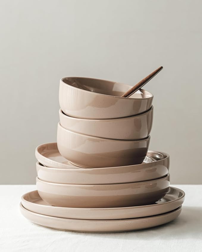 Famiware Milkyway Dinnerware Sets, 24 Piece Dish Set, Plates and Bowls Sets for 8, Cinnamon Brown