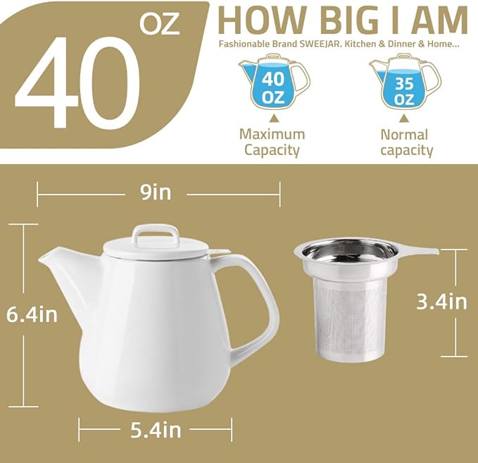 Sweejar 40oz Tea pot with Removable Stainless Steel Infuser,Dishwasher Safe Tea Pots for Loose Tea,Tea Pots with Infuser for Chrismas Women Gift (White)