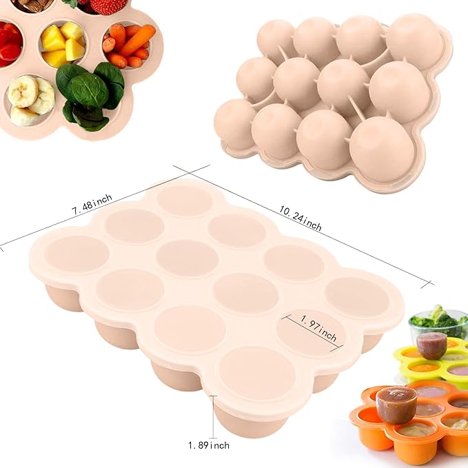 Samuelworld Baby Food Storage Container, 12 Portions x 2.5oz - BPA Free Silicone Freezer Tray with Clip-On Lid for Breast Milk Storage, Homemade Baby Food, Vegetable & Fruit Purees - Brown