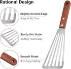 Stainless Steel Fish Spatula with Wooden Handle, Metal Spatula Flipping Foods, Slotted Fish Flipper, Brown 2 Pack