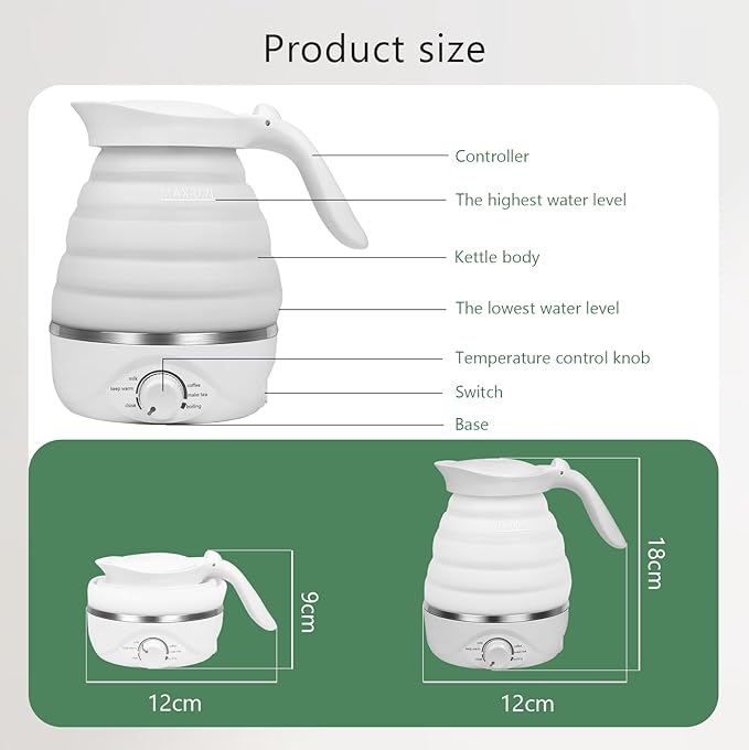 Travel Foldable Electric Kettle, Collapsible Kettle Travel Electric Collapsible Electric Tea Kettle Food Grade Silicone 850W Fast Boiling Water, 110V 700ml (White)