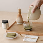 Matcha Whisk Set, Ceramic Matcha Bowl & Whisk Holder, Bamboo Accessory, Modern Design (Matte Crème, Pouring Spout)