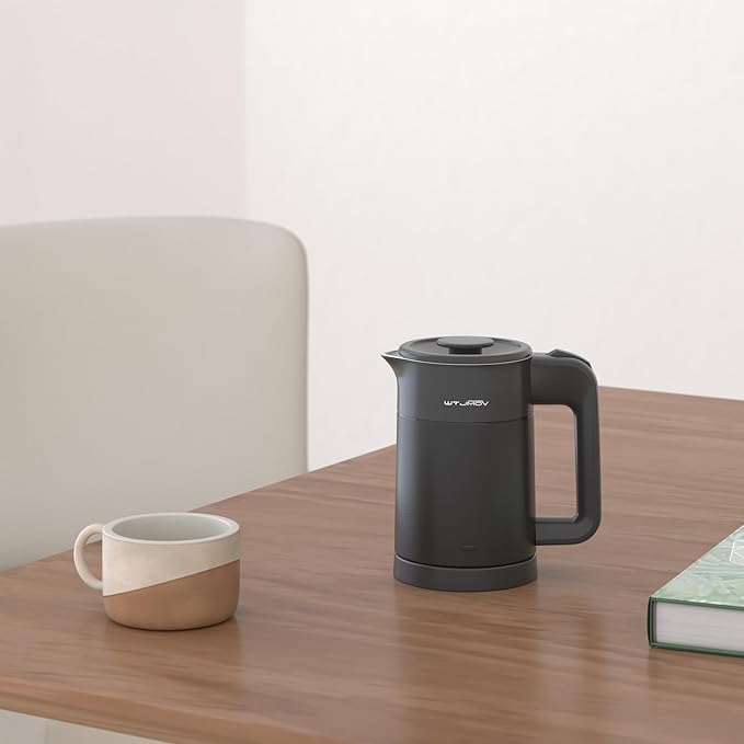0.6L Small Electric Tea Kettle Lightweight, 20 Ounce Double Wall Hot Water Boiler Stainless Steel Auto Shut-off, 120V Portable Travel Electric Kettle Fast Boil for Tea and Coffee, Black