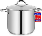 Stainless Steel Stockpot with Tempered Glass Lid 14 Quart, Durable 18/0 Stainless Steel, Impact-Bonded Base for Even Heating, Riveted Handles, Oven & All Stove Compatible, Safe Up To 500°F (260°C)