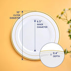 JOLLY CHEF 200 Pieces Gold Plastic Plates, 10 Inch Elegan Disposable Plates White Plate with Gold Rim,Plastic Plates for Thanksgiving、Birthdays and Weddings