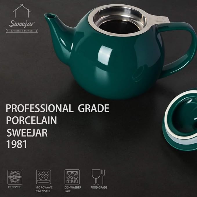 Sweejar Porcelain Teapot with Removable Stainless Steel Infuser,Microwave & Dishwasher Safe Tea Pots for Loose Tea,Tea Infuser Pots for Chrismas Women Gift (30oz Jade)