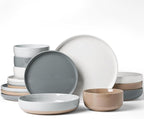 Famiware Milkyway Stoneware Dinnerware Sets with Pasta Bowls, Service for 4 (16 Pieces), Plates and Bowls Sets -Scratch Resistant, Microwave and Dishwasher Safe Dishes Set, Multi-color