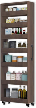 7-Tier Slim Storage Cart, Wooden Rolling Pantry Cabinet with Wheels, Narrow Shelf Organizer for Kitchen, Bakers Rack, Dining Room, Closet, Small Spaces Teak 73.2" H*7.8" W*23.6" D