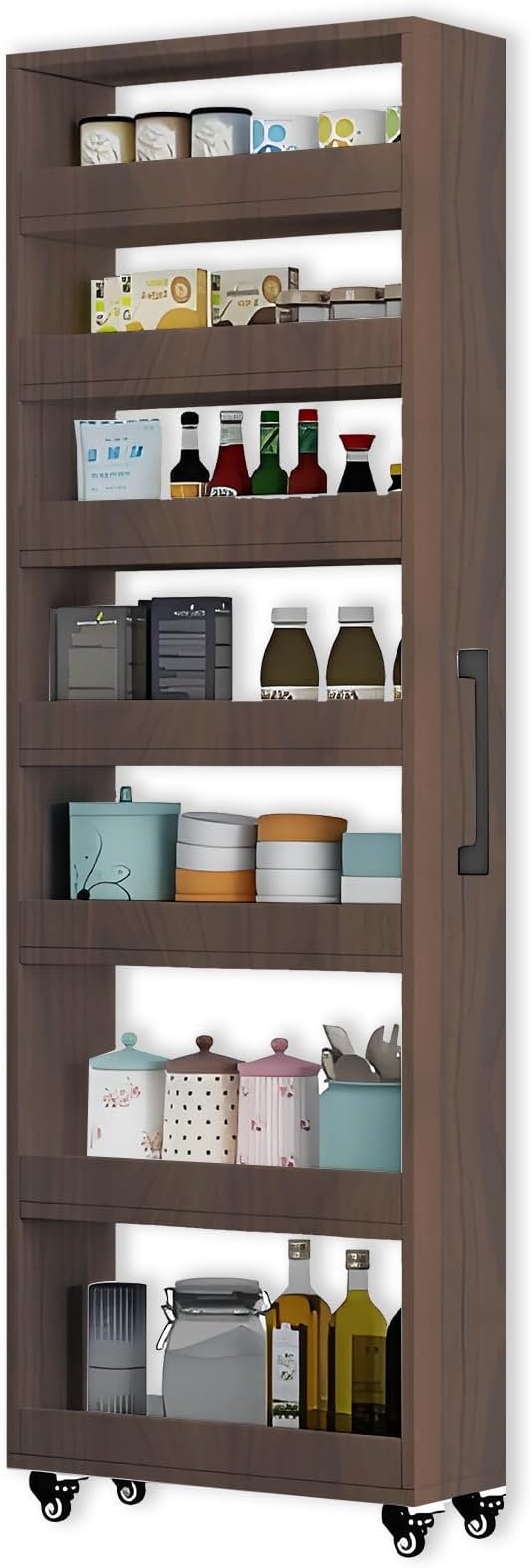 7-Tier Slim Storage Cart, Wooden Rolling Pantry Cabinet with Wheels, Narrow Shelf Organizer for Kitchen, Bakers Rack, Dining Room, Closet, Small Spaces Teak 73.2''H*5.9''W*23.6''D