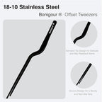 8 Inch Precision Offset Tweezers, Kitchen Culinary Stainless Steel Tongs, Curved Kitchen Cooking Multi-function Chef Precision Tweezer Tongs for Plating, Food Decorating and ect (Black)