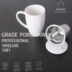 Sweejar Porcelain Tea Infuser Cup with Lid, 16 oz Teacup with Strainers for Loose Leaf, Microwave and Dishwasher Safe Coffee Mug, Steeping Mug for Tea Drinkers,Christmas Gift (White)
