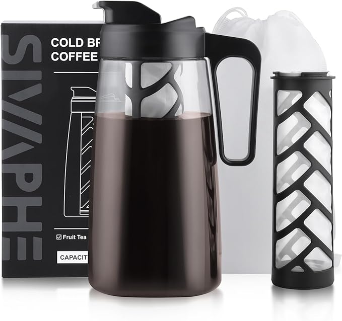 Sivaphe Large Ice Cold Coffee Maker 2 Quart, Dishwasher Safty Traitan Carafe Pitcher Leak Proof, Reusable Filter 64 oz Iced Hot Coffee Tea Method Brewer