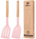 Pack of 2 Silicone Cooking Spatula, Heat Resistant Solid Turner, Non Stick Slotted Spatulas with Wooden Short Handle,Ideal Wood Kitchen Utensils Set for Frying, Baking, Flipping, Turning