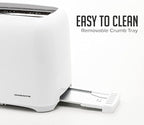 OVENTE Electric 2 Slice Toaster Machine with 6-Shade Browning Selector Setting, Compact Design and Removable Crumb Tray, 700W Power Perfect for Toasting Bread, Thin Bagels and Waffles, White TP2210WGY