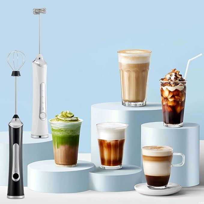 Handheld Electric Milk Frother with 2 Heads, Coffee Whisk Foam Mixer with USB Rechargeable 3 Speeds, Foam Maker Blender for Latte, Cappuccino, Hot Chocolate, Egg (Black)
