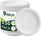 9 Inch Compostable Paper Plates 【White150 Pack】,100% Sugarcane Bagasse Medium Disposable Plates, Sturdy Heavy Duty, Biodegradable Dinnerware for Party, BBQ, Picnic, Camping