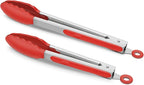 Set of 2 Kitchen Tongs 9-Inch & 12-Inch, Premium Stainless Steel BPA Free Silicone Non-Stick Grilling Barbeque Cooking Locking Food Tongs, Red