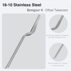 8 Inch Precision Offset Tweezers, Kitchen Culinary Stainless Steel Tongs, Curved Kitchen Cooking Multi-function Chef Precision Tweezer Tongs for Plating, Food Decorating and ect (Silver)