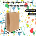 DIY Paper Bags - 250 units - Kraft Color - 12"x7"x17"- 74LB (110 GSM strong) Flat Handle Recyclable Bags for Kids Drawing, Decorating and Creative Projects - 12717NKPAPFLATH - AssurePak