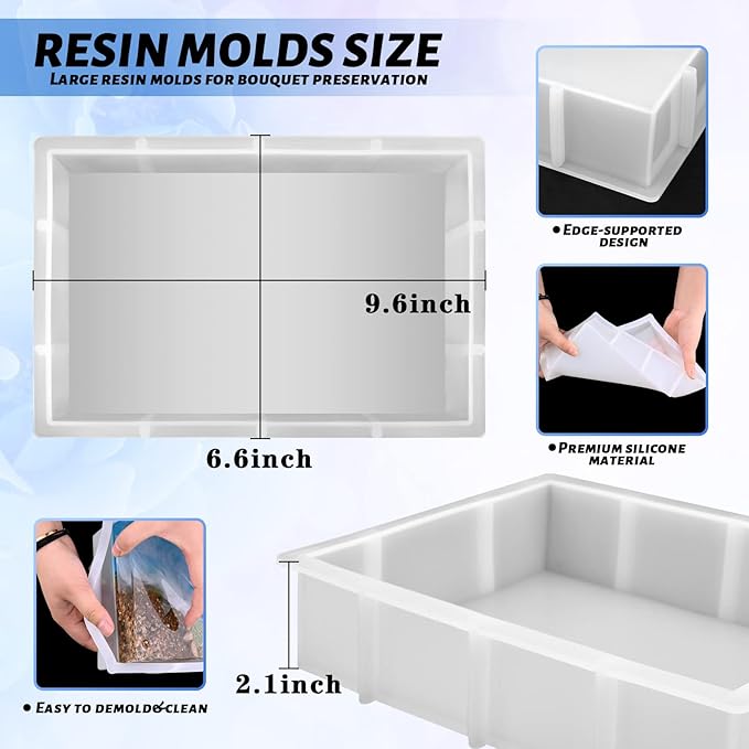 Sakolla 9″ Rectangular Silicone Molds for Epoxy Resin, Crystal Deep Casting Epoxy Mold for Flowers Preservation, DIY Artwork, Office Home Decoration