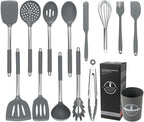 Kitchen Utensils Set, 14 Pcs Silicone Cooking Utensils Set with Holder and Heat Resistant Stainless Steel Handle for Nonstick Cookware - Black