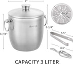 Ice Bucket with Lid, Scoop, Tongs and Strainer - Well Made Insulated Stainless Steel Keep Ice Frozen Longer - Ideal for Cocktail Bar, Parties, Chilling Wine, Champagne - 3 Liter (Stainless Steel)